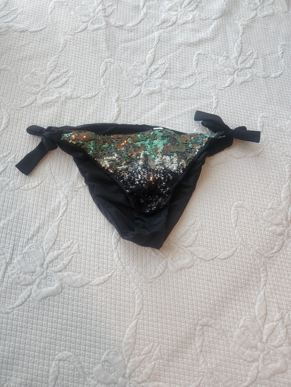 Black Sequin Tie-Side Bikini Bottom